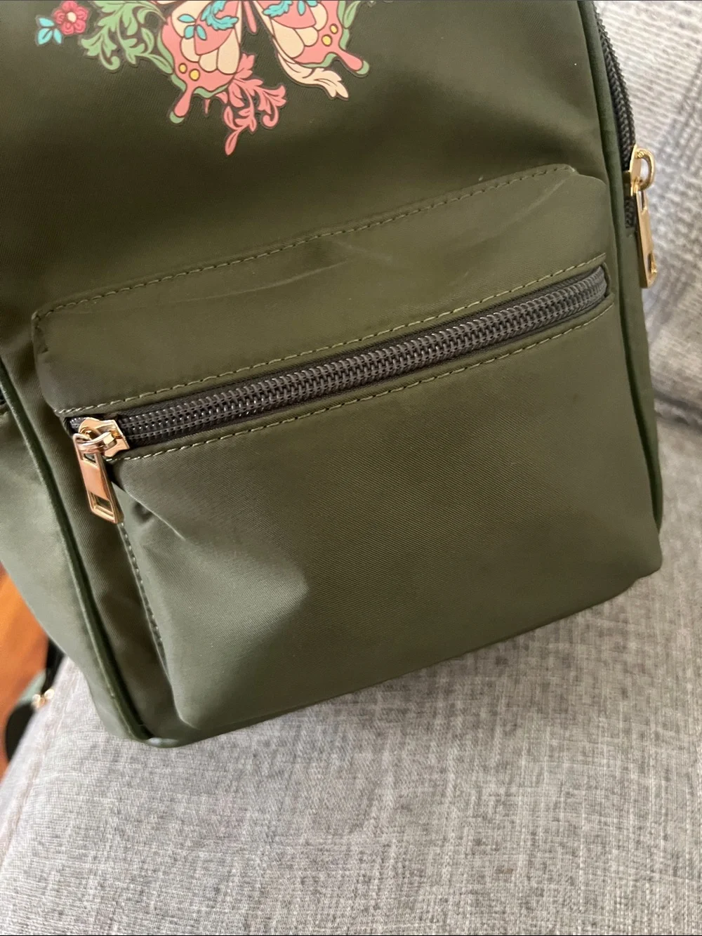 Olive Green Mini Backpack with Floral Butterfly Motif